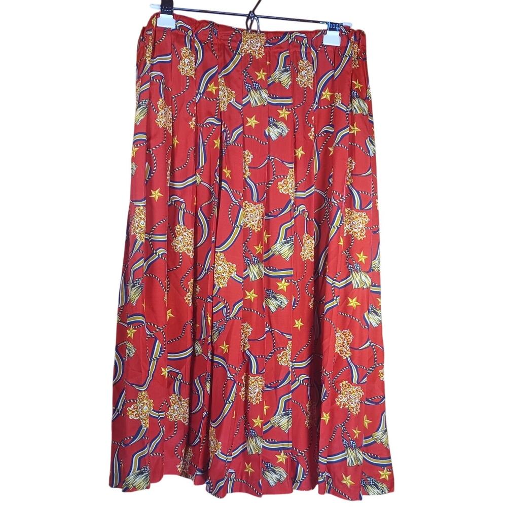 VTG Marisa Christina Classic Nautical Pleated Skirt Red Navy Gold Brocade Size L